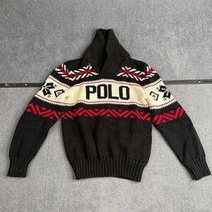 Polo Ralph Lauren Kids Shawl Neck Sweater Size 7 Black Red White Fair Isle Knit